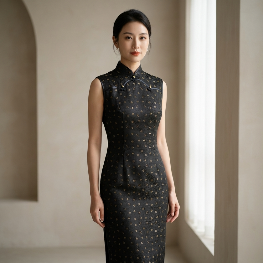 Black Gold Jacquard Xiangyunsha Qipao | Elegant Mulberry Silk Chinese Cheongsam Dress - Luxe Orienta CO., LIMITED