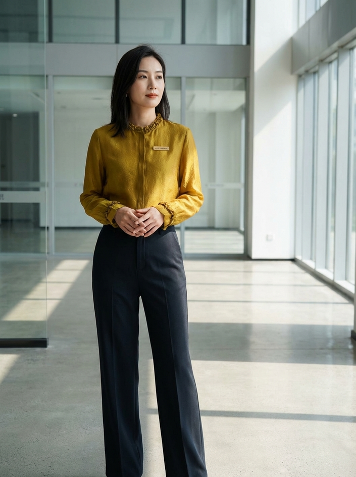 Golden Jacquard Rayon Ruffle Collar Blouse | Modern Chinese Style Shirt - Luxe Orienta CO., LIMITED