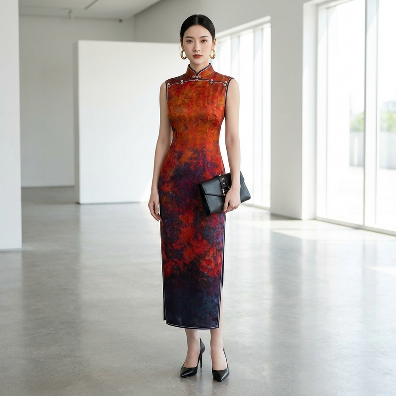 Artistic Red & Purple Ombre Xiangyunsha Qipao | 100% Mulberry Silk Sleeveless Cheongsam - LUXE ORIENTA