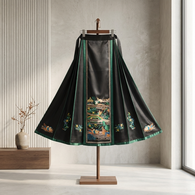Black Hand Embroidery Floral &Pavilion Xiangyunsha Silk Ma Mian Qun | Luxury Mulberry Silk Mamian Skirt - Luxe Orienta CO., LIMITED