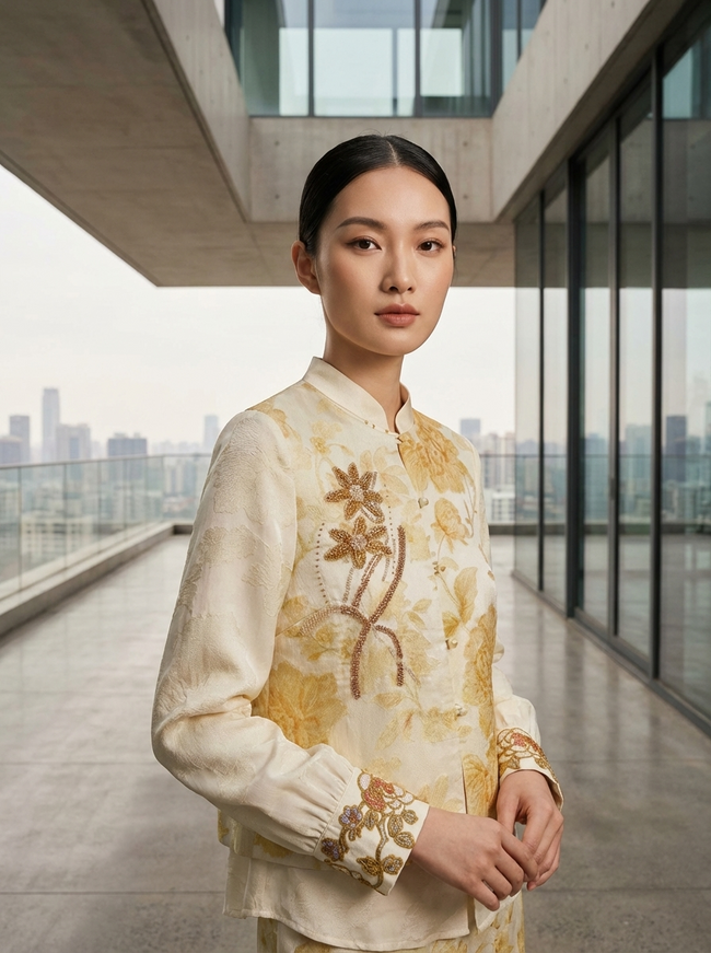 Light Yellow Jacquard Beaded Embroidered Vest | Peony Modern Chinese Style Waistcoat - Luxe Orienta CO., LIMITED