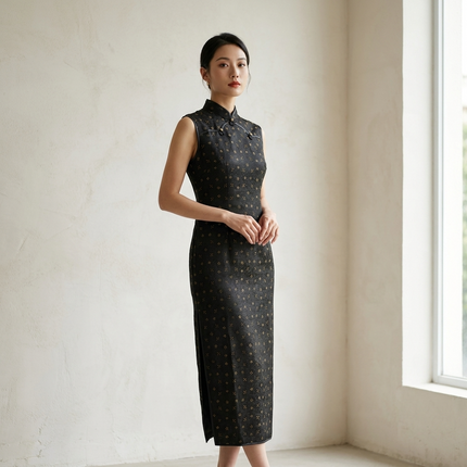 Black Gold Jacquard Xiangyunsha Qipao | Elegant Mulberry Silk Chinese Cheongsam Dress - Luxe Orienta CO., LIMITED