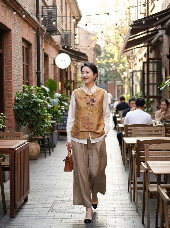 Golden Song Brocade Beaded Floral Vest styling 