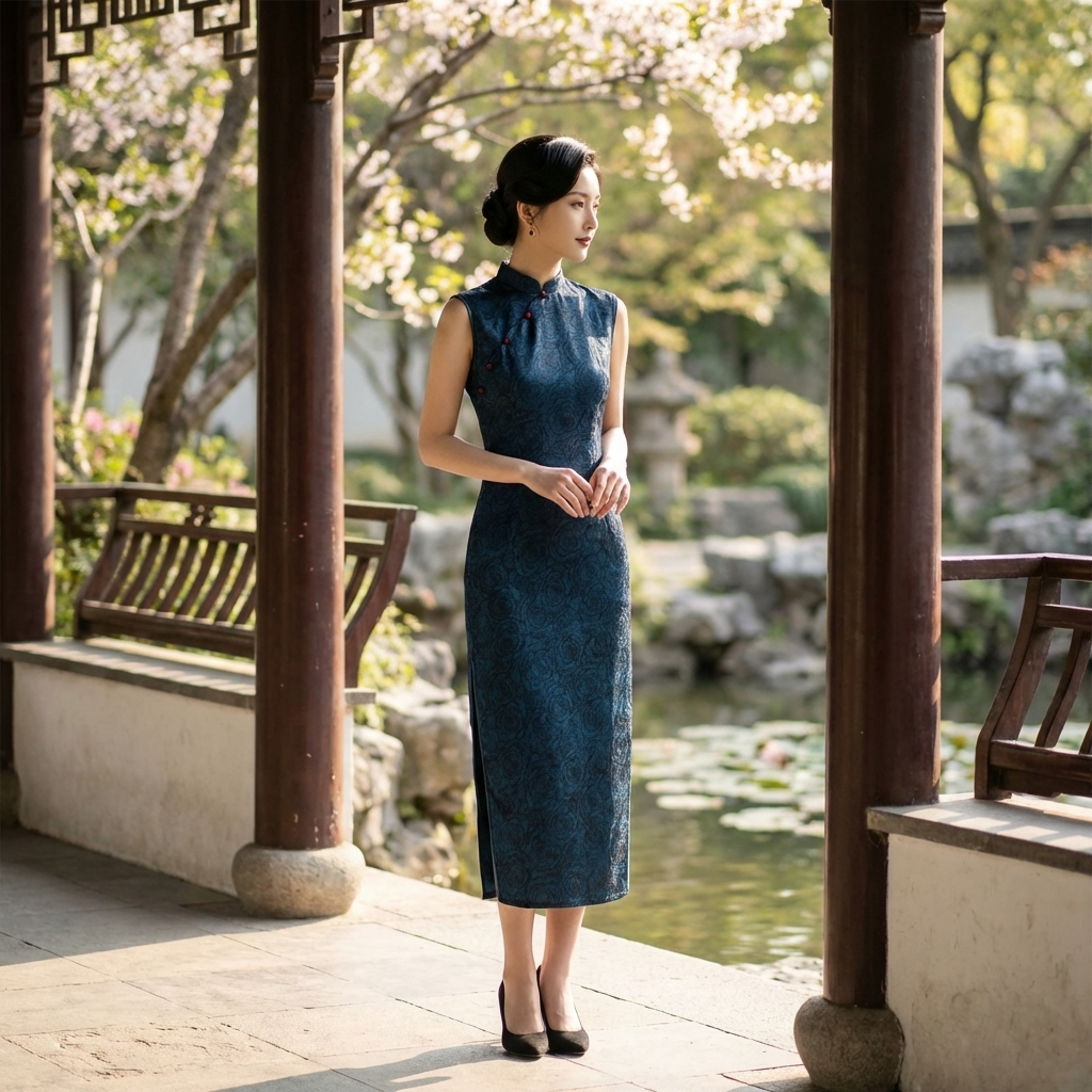 Blue Rose Jacquard Xiangyunsha Qipao | Elegant Chinese  Mulberry Silk Cheongsam Dress - Luxe Orienta CO., LIMITED