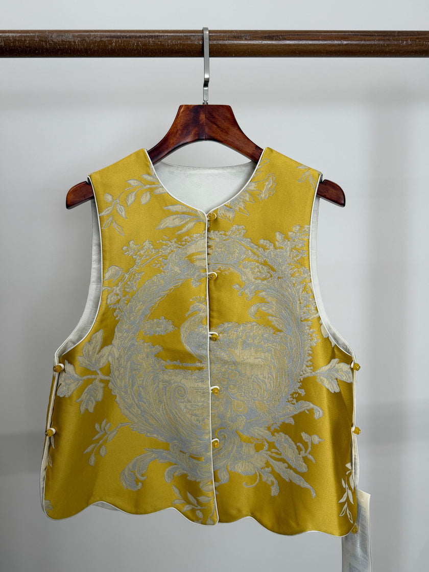 yellow white oriental vest chinese knot button waistcoat