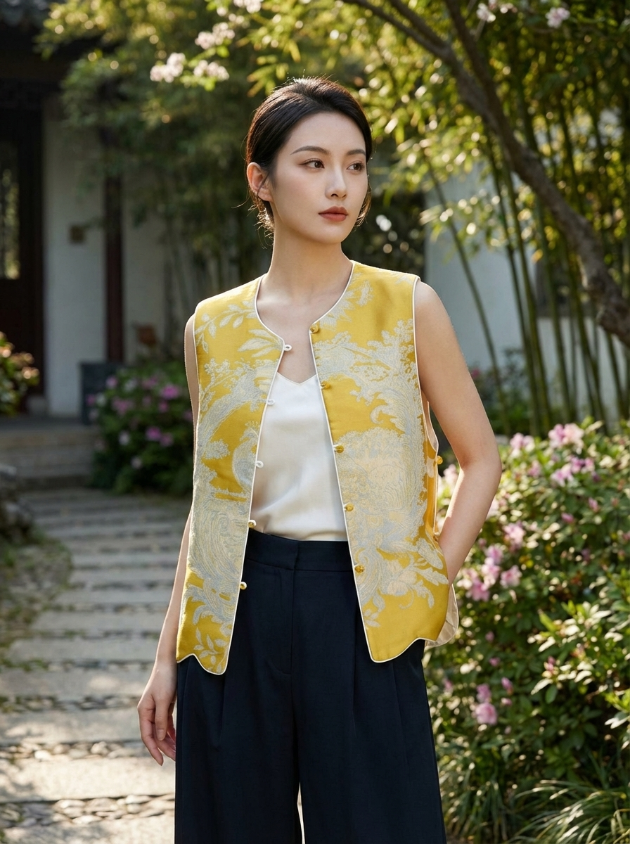 yellow white oriental vest chinese knot button waistcoat