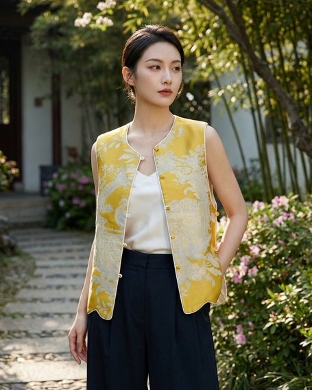 yellow phoenix jacquard vest front