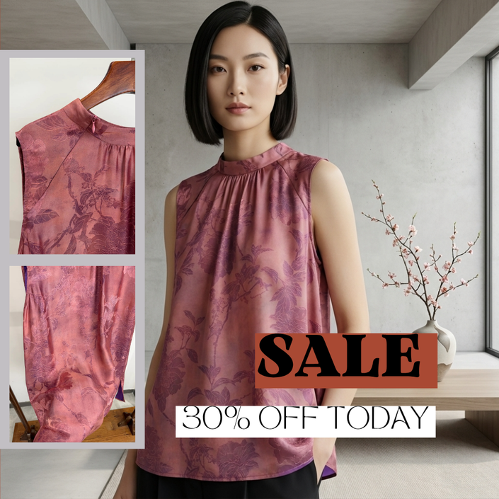 Muted Pink Floral Jacquard Sleeveless Blouse  | Luxe Orienta Modern Chinese Fashion