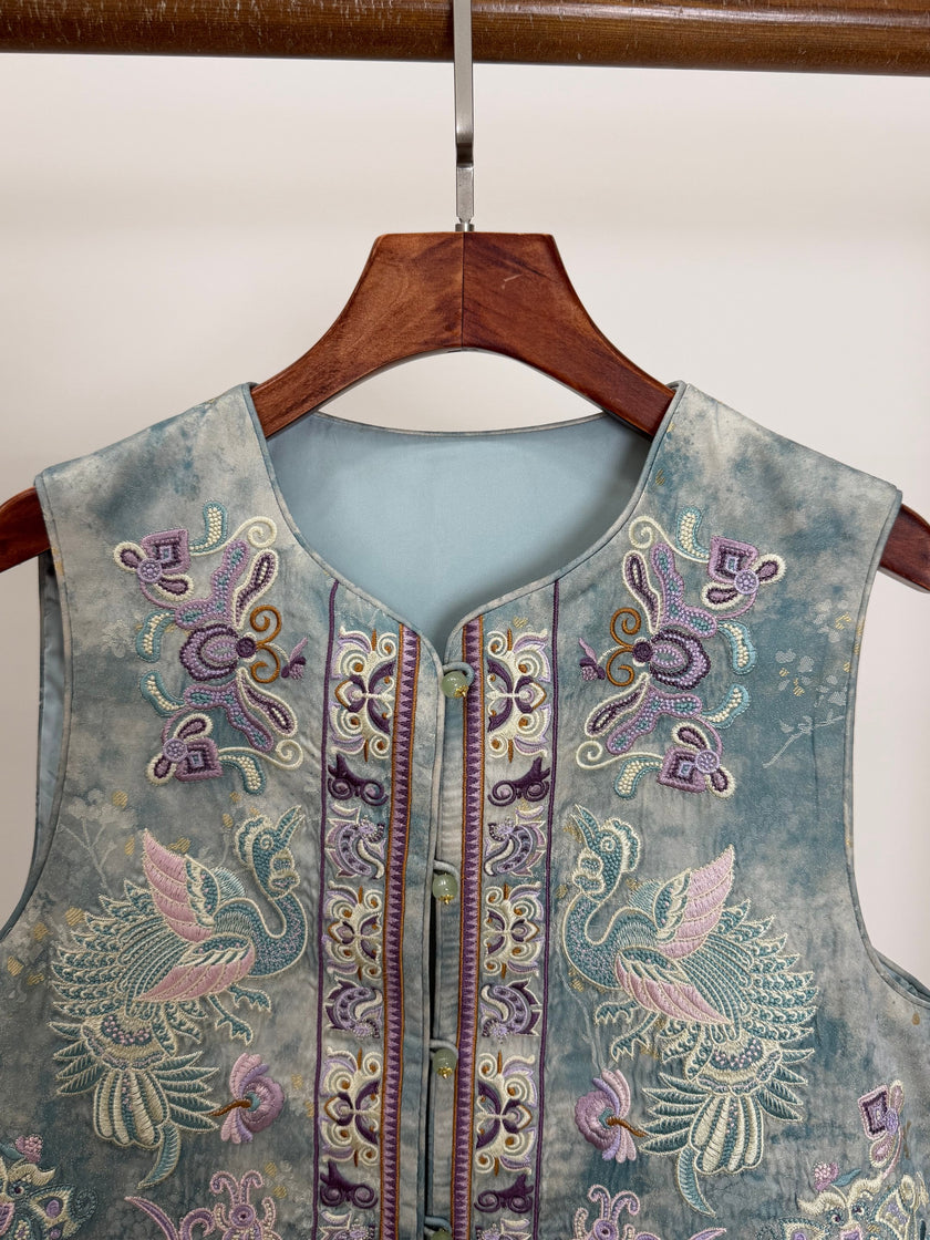 blue embroidered phoenix vest modern chinese fashion