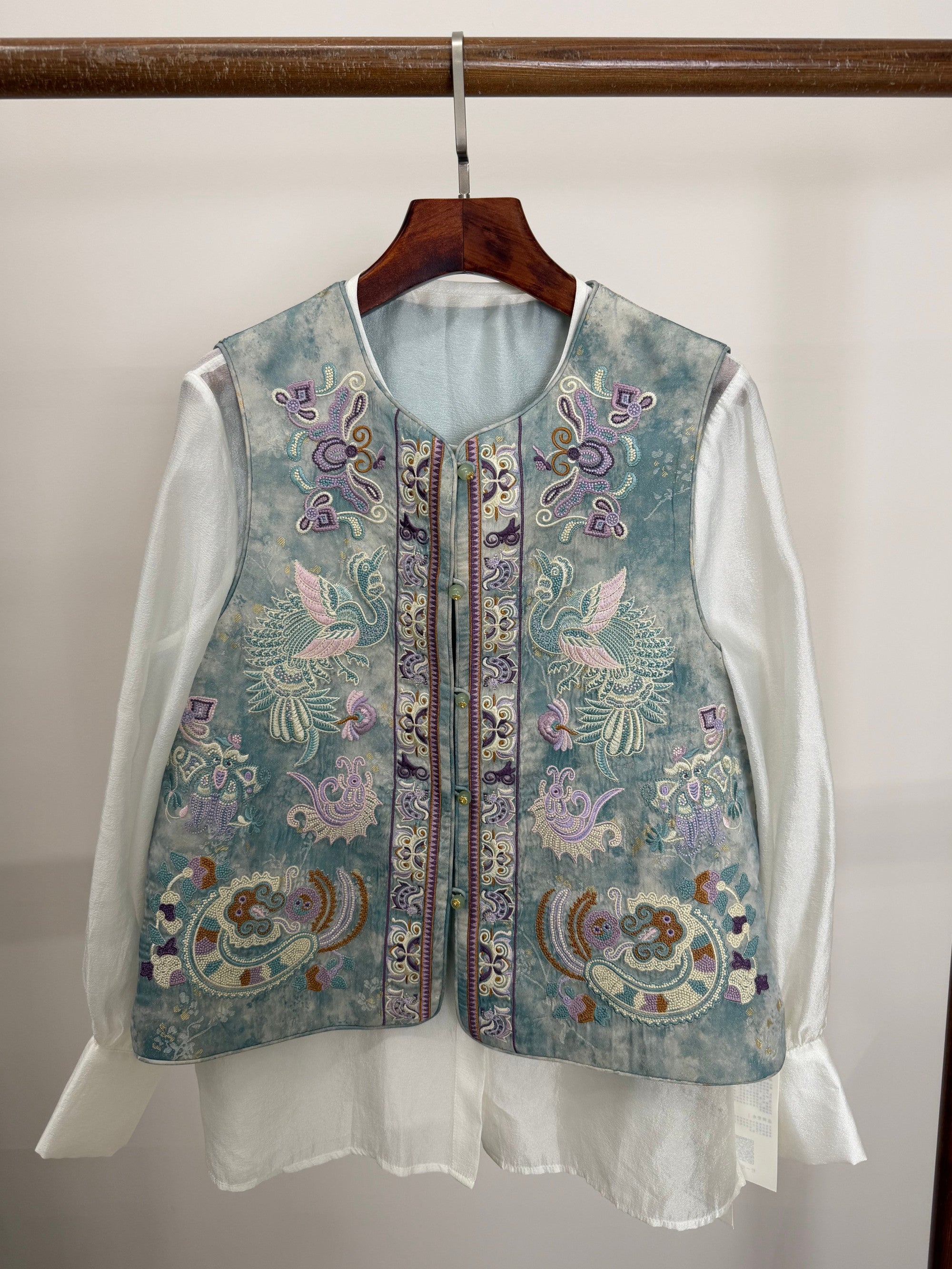 blue embroidered phoenix vest modern chinese fashion