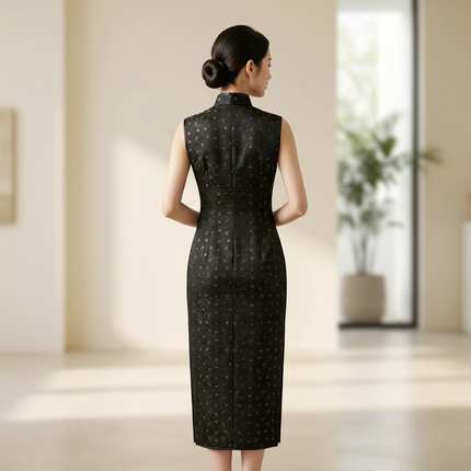 Black Gold Jacquard Xiangyunsha Qipao | Elegant Mulberry Silk Chinese Cheongsam Dress - Luxe Orienta CO., LIMITED