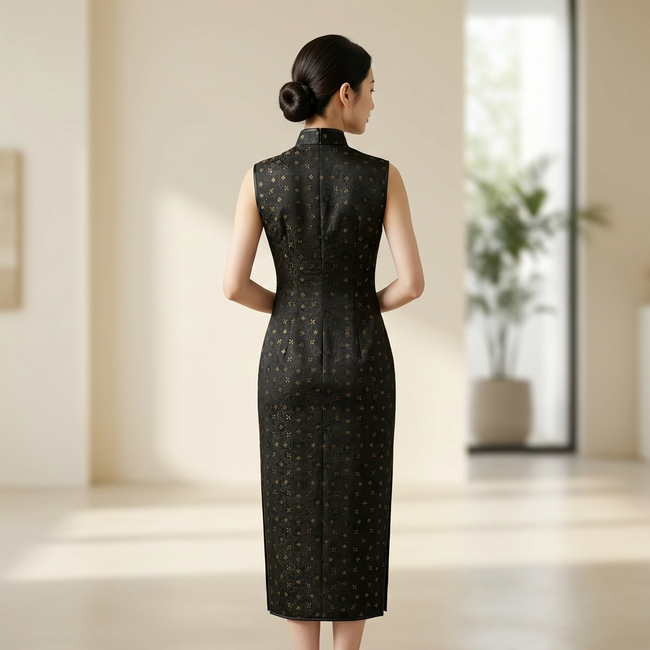 Black Gold Jacquard Xiangyunsha Qipao | Elegant Mulberry Silk Chinese Cheongsam Dress - Luxe Orienta CO., LIMITED
