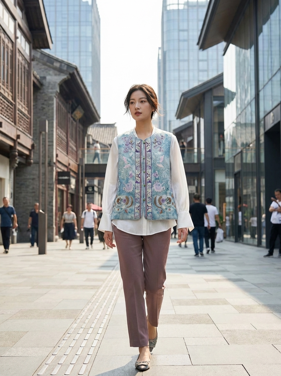 blue embroidered phoenix vest modern chinese fashion