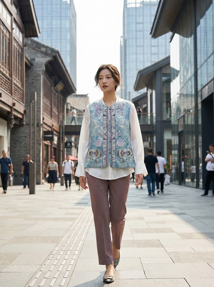 blue embroidered phoenix vest modern chinese fashion