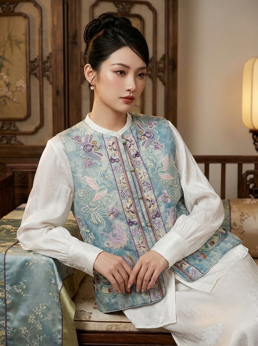 Blue Embroidered Phoenix & Peacock Vest | Modern Chinese Style Jacquard Waistcoat – LUXE ORIENTA - Luxe Orienta CO., LIMITED