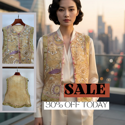 Beige Peacock Embroidery Mulberry Silk Vest with Song Brocade Patchwork-Luxe Orienta Luxury Fashion