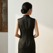 Black Gold Jacquard Xiangyunsha Qipao | Elegant Mulberry Silk Chinese Cheongsam Dress - Luxe Orienta CO., LIMITED