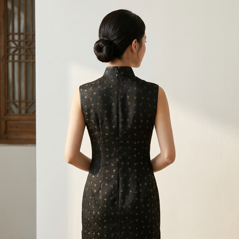 Black Gold Jacquard Xiangyunsha Qipao | Elegant Mulberry Silk Chinese Cheongsam Dress - Luxe Orienta CO., LIMITED