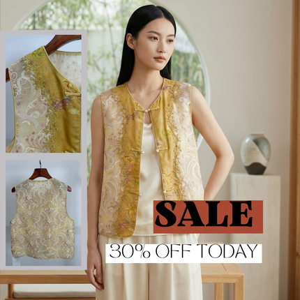 Verlaufender goldener Blumen-Jacquard Rayon-Weste mit Perlenstickerei -Luxe Orienta moderne chinesische Mode