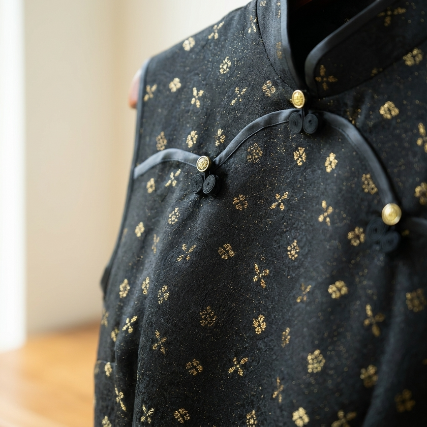 Black Gold Jacquard Xiangyunsha Qipao | Elegant Mulberry Silk Chinese Cheongsam Dress - Luxe Orienta CO., LIMITED