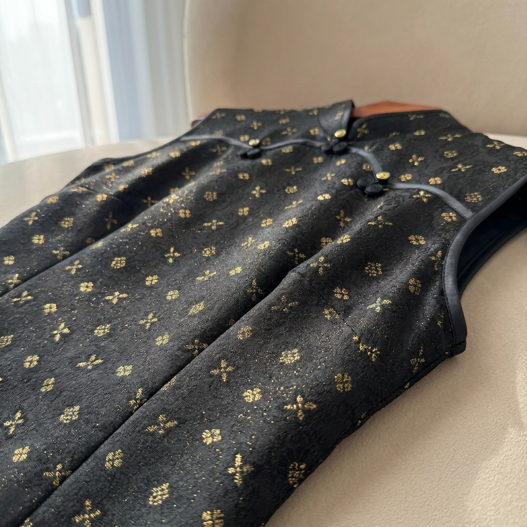 Black Gold Jacquard Xiangyunsha Qipao | Elegant Mulberry Silk Chinese Cheongsam Dress - Luxe Orienta CO., LIMITED