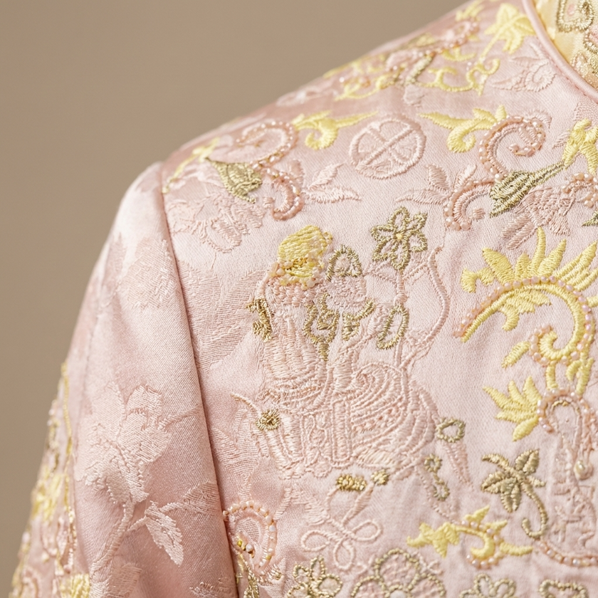 Pink Embroidered Jacquard Jacket – Floral & Mythical Motif Statement Coat for Women | Luxe Orienta - Luxe Orienta CO., LIMITED