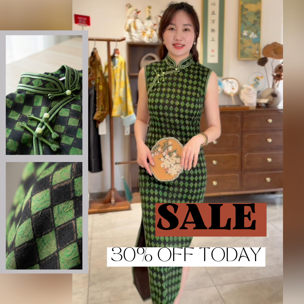 Green Xiangyunsha Mulberry Silk Qipao | Diamond Pattern Modern Cheongsam Dress