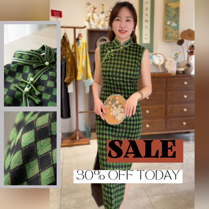 Green Xiangyunsha Mulberry Silk Qipao | Diamond Pattern Modern Cheongsam Dress