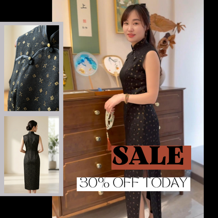 Black Gold Jacquard Xiangyunsha Qipao | Elegant Mulberry Silk Chinese Cheongsam Dress