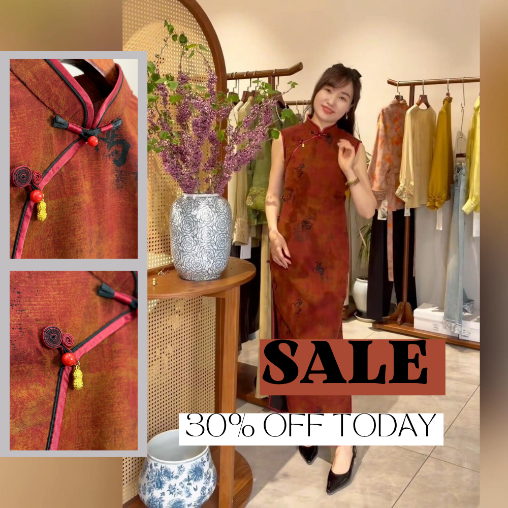 100% Mulberry Silk Xiangyunsha Rust Calligraphy Sleeveless Qipao Dress | LUXE ORIENTA