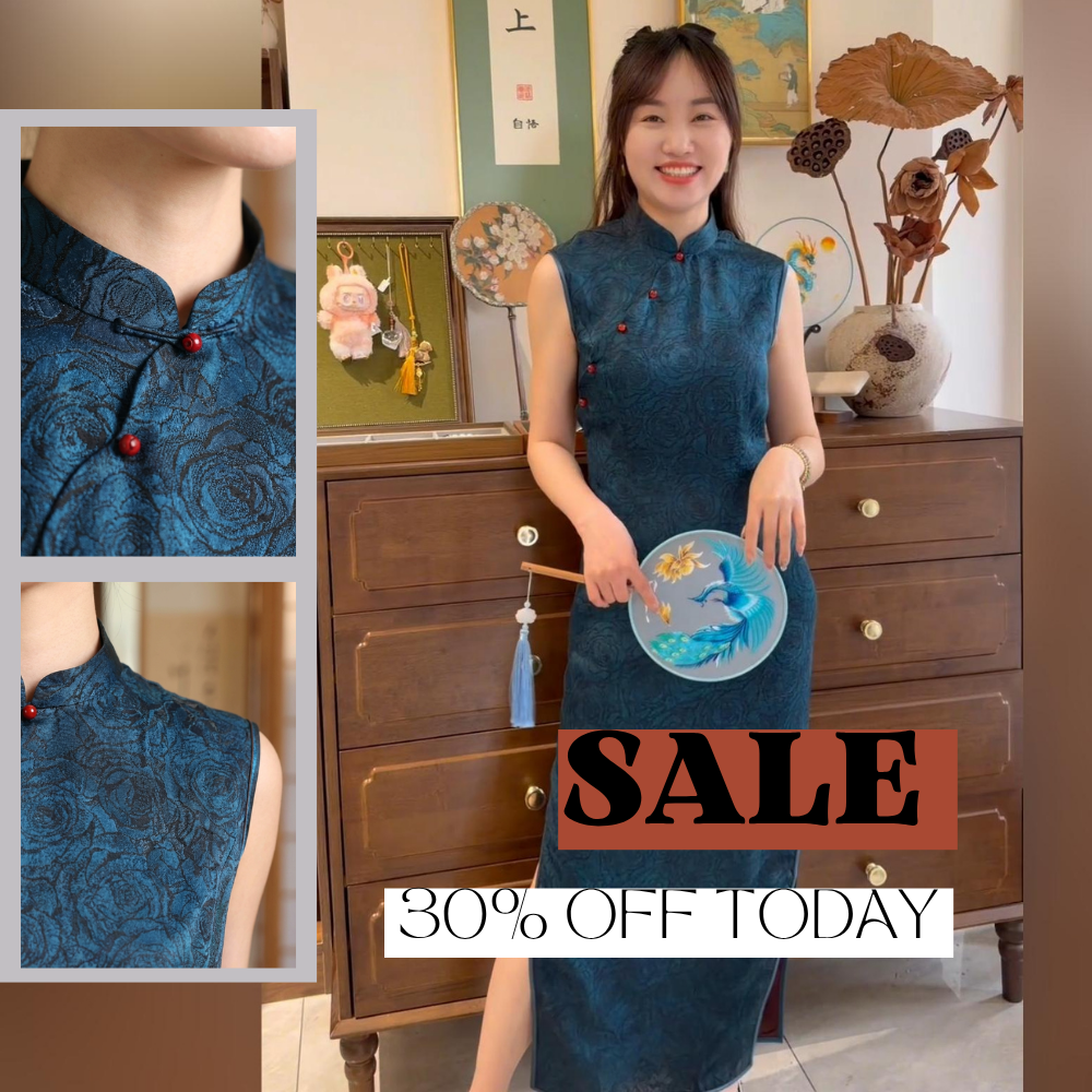 Blue Rose Jacquard Xiangyunsha Sleeveless Qipao | Elegant Chinese  Mulberry Silk Cheongsam Dress