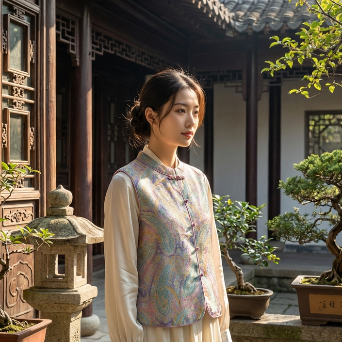 Pink-Purple Paisley Jacquard Rayon Vest – Chinese Knot Button Waistcoat | Luxe Orienta - Luxe Orienta CO., LIMITED