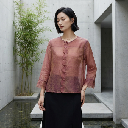Pink Mulberry Silk Jacquard Blouse with Frog Buttons | Modern Chinese Top - Luxe Orienta CO., LIMITED