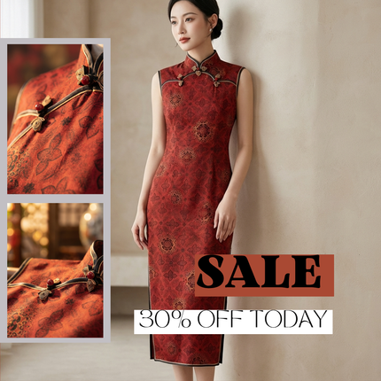 Red Mulberry Silk Xiangyunsha  Baoxiang Floral  Wedding Qipao-LUXE ORIENTA