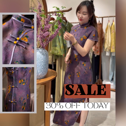 100% Mulberry Silk Xiangyunsha Purple Persimmon Print Short Sleeve Qipao Dress | LUXE ORIENTA