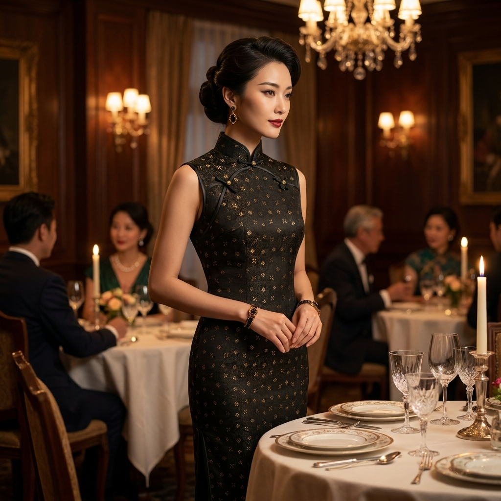 Black Gold Jacquard Xiangyunsha Qipao | Elegant Mulberry Silk Chinese Cheongsam Dress - Luxe Orienta CO., LIMITED