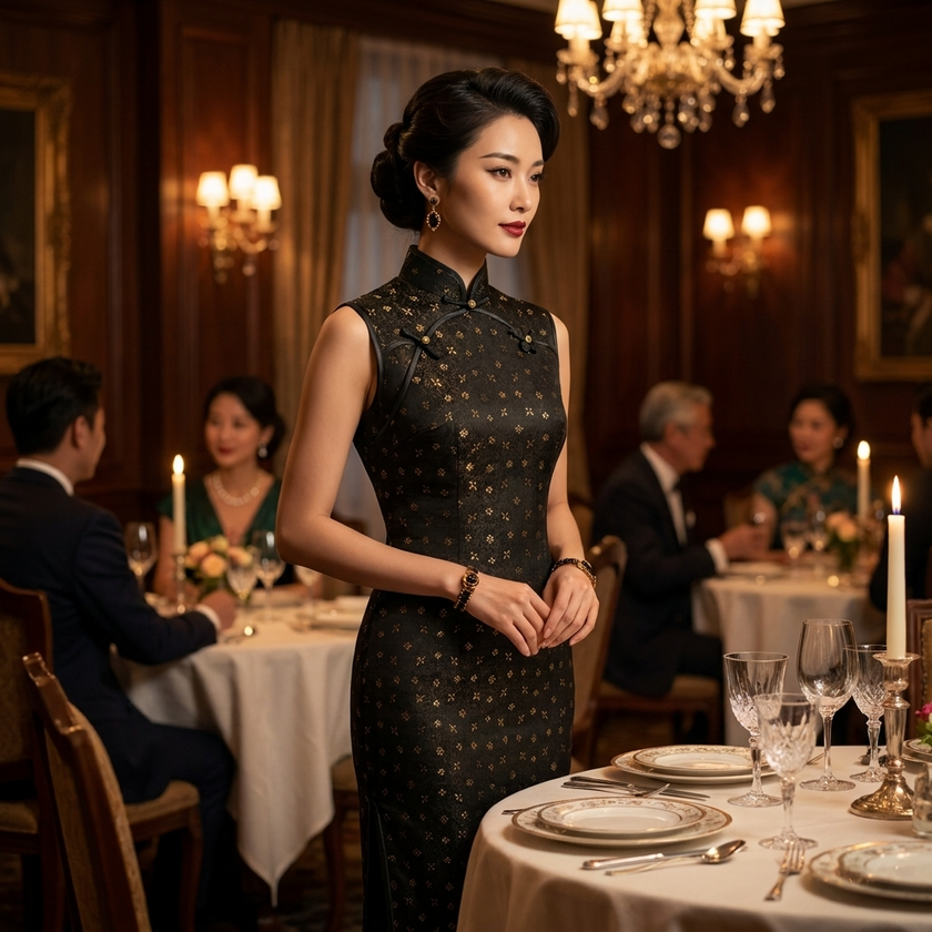 Black Gold Jacquard Xiangyunsha Qipao | Elegant Mulberry Silk Chinese Cheongsam Dress - Luxe Orienta CO., LIMITED