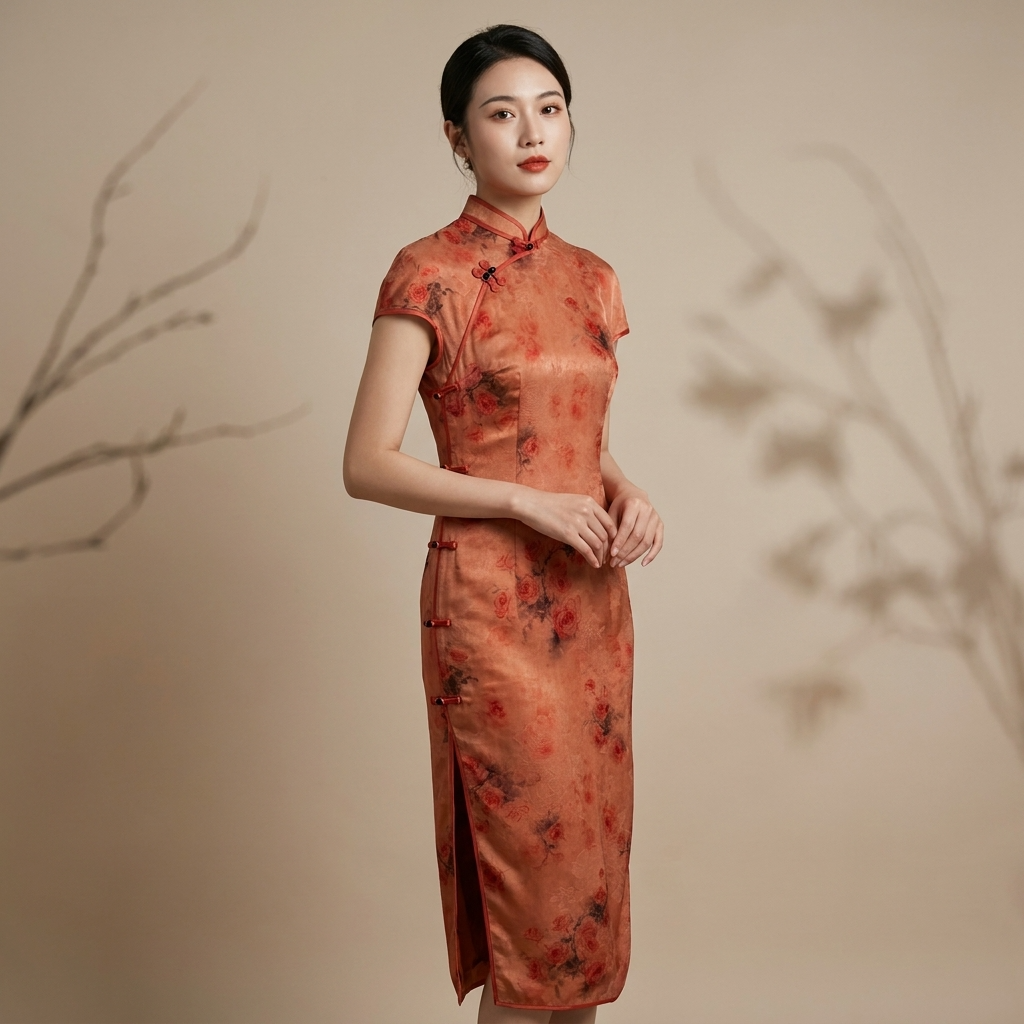 100% Mulberry Silk Xiangyunsha Rust Red Floral Print Short Sleeve Qipao Dress | LUXE ORIENTA - Luxe Orienta CO., LIMITED