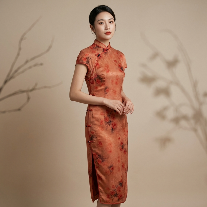 100% Mulberry Silk Xiangyunsha Rust Red Floral Print Short Sleeve Qipao Dress | LUXE ORIENTA - Luxe Orienta CO., LIMITED
