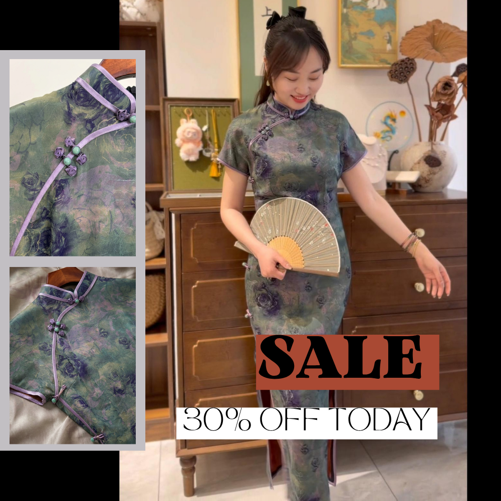 100% Mulberry Silk Xiangyunsha Dark Green Purple Rose Short Sleeve Qipao Dress | LUXE ORIENTA