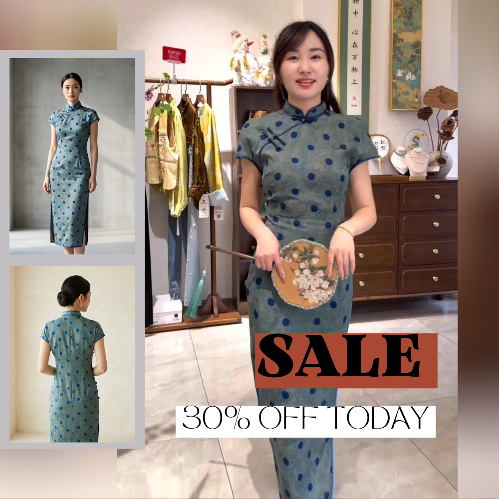 Grey-Blue Polka Dot Xiangyunsha Qipao | 100% Mulberry Silk Flower-Lo Jacquard Cheongsam - LUXE ORIENTA