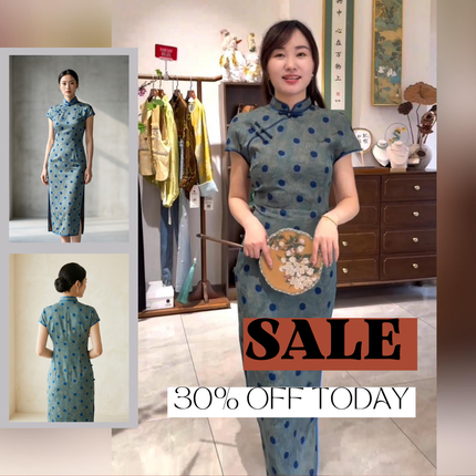 Grey-Blue Polka Dot Xiangyunsha Qipao | 100% Mulberry Silk Flower-Lo Jacquard Cheongsam - LUXE ORIENTA