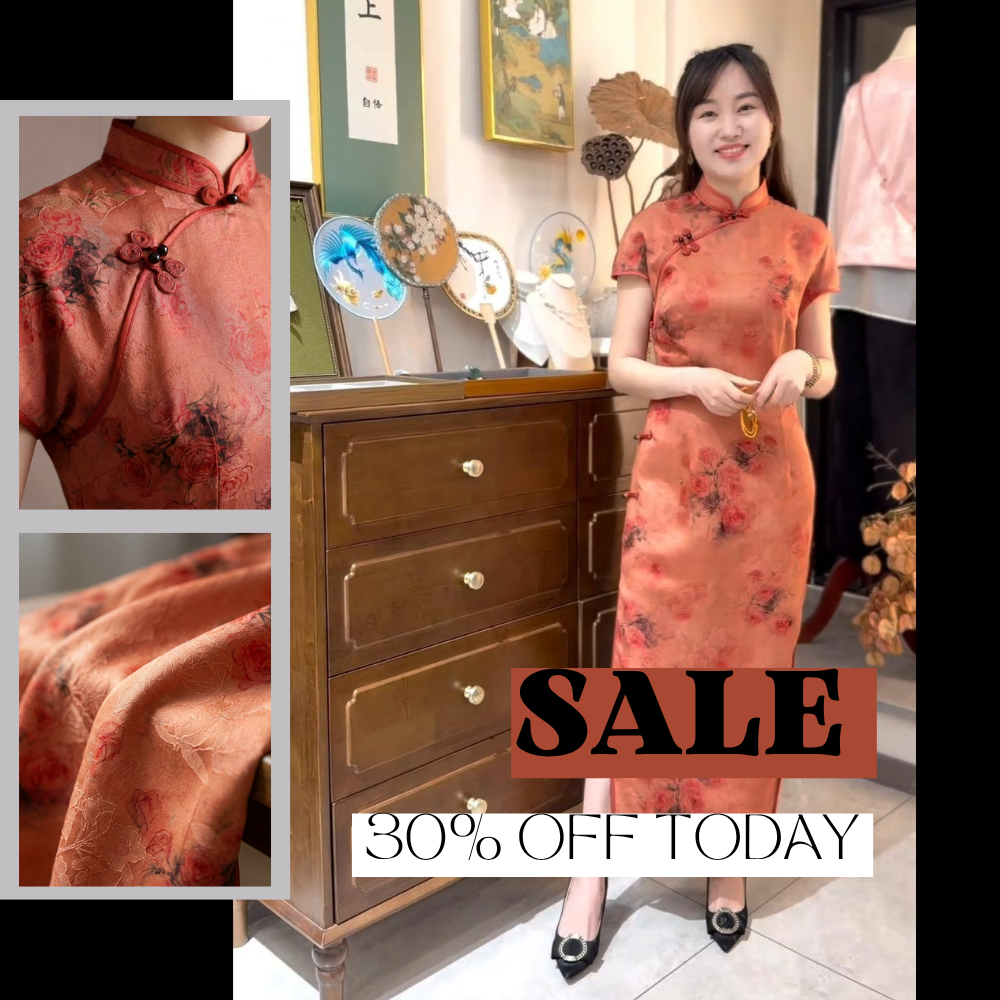 100% Mulberry Silk Xiangyunsha Rust Red Floral Print Short Sleeve Qipao Dress | LUXE ORIENTA