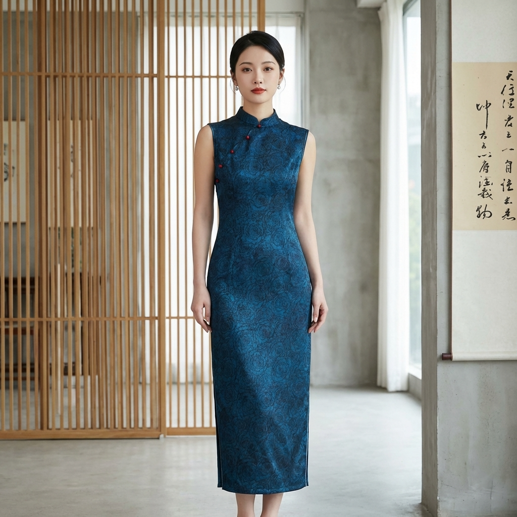 Blue Rose Jacquard Xiangyunsha Qipao | Elegant Chinese  Mulberry Silk Cheongsam Dress - Luxe Orienta CO., LIMITED