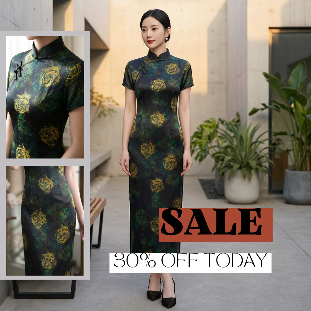 Xiangyunsha Silk Qipao Dress – Oil Painting Rose Modern Cheongsam Dress for Elegant Occasions