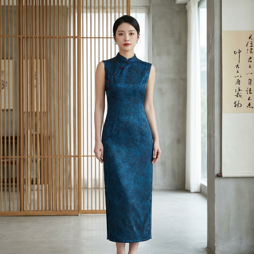 blue chinese silk dress Blue Print Silk Long Qipao Cheongsam Dress
