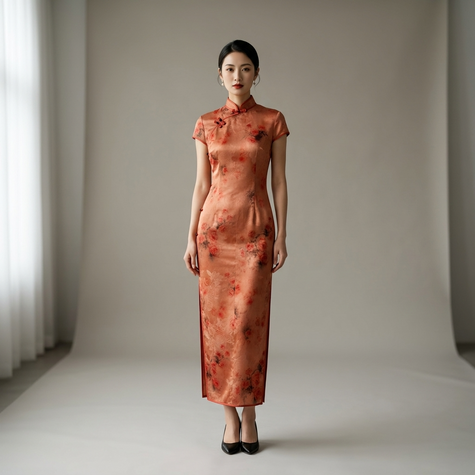 100% Mulberry Silk Xiangyunsha Rust Red Floral Print Short Sleeve Qipao Dress | LUXE ORIENTA - Luxe Orienta CO., LIMITED