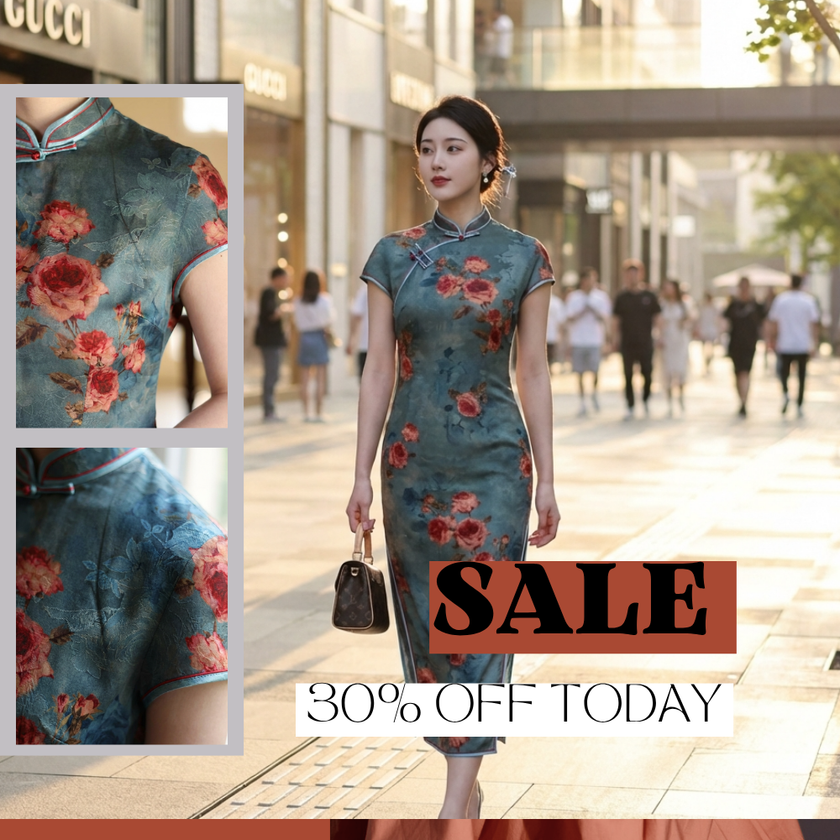 100% 뽕나무 실크 향운사 먼지 파랑 빨강 장미 반소매 치파오 드레스 | LUXE ORIENTA