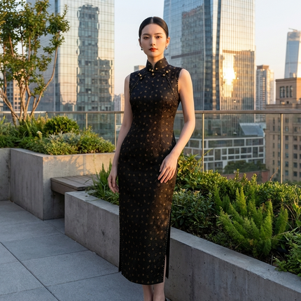 Black Gold Jacquard Xiangyunsha Qipao | Elegant Mulberry Silk Chinese Cheongsam Dress - Luxe Orienta CO., LIMITED