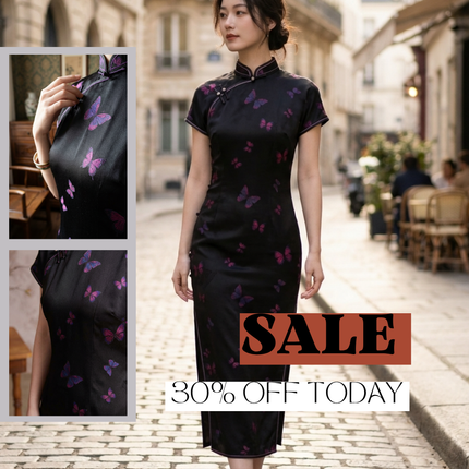 100% Mulberry Silk Xiangyunsha Black Purple Butterfly Short Sleeve Qipao Dress | LUXE ORIENTA